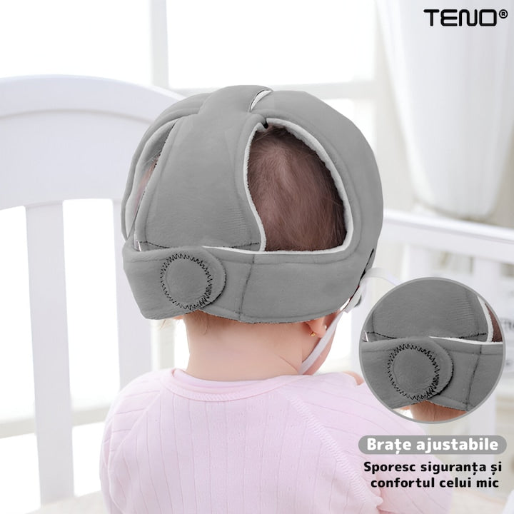 Casca Antisoc Bebelusi si Copii Teno®, protectie cazaturi, reglabila, material moale, patrupedie, usoara si comoda, gri deschis