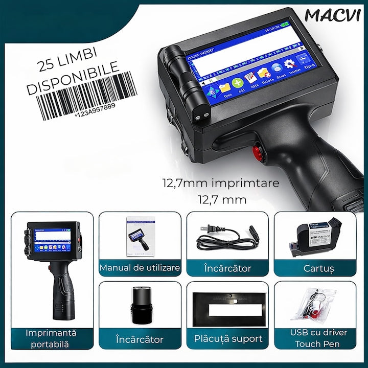 Imprimanta termica portabila Macvi®, wireless, 12.7 mm, cerneala HP originala, coduri QR, coduri de bare, date variabile, multifunctionala