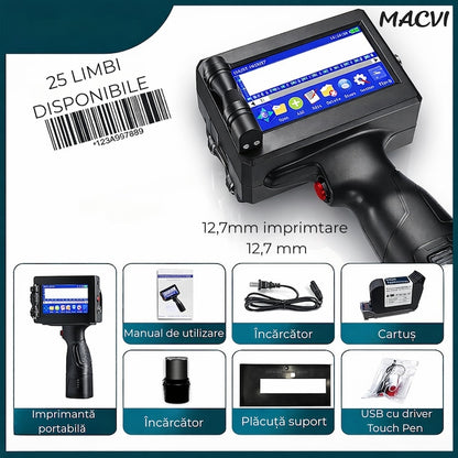 Imprimanta termica portabila Macvi®, wireless, 12.7 mm, cerneala HP originala, coduri QR, coduri de bare, date variabile, multifunctionala