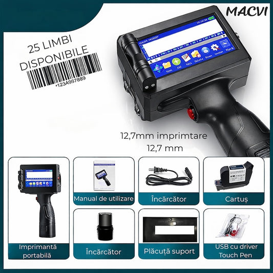 Imprimanta termica portabila Macvi®, wireless, 12.7 mm, cerneala HP originala, coduri QR, coduri de bare, date variabile, multifunctionala