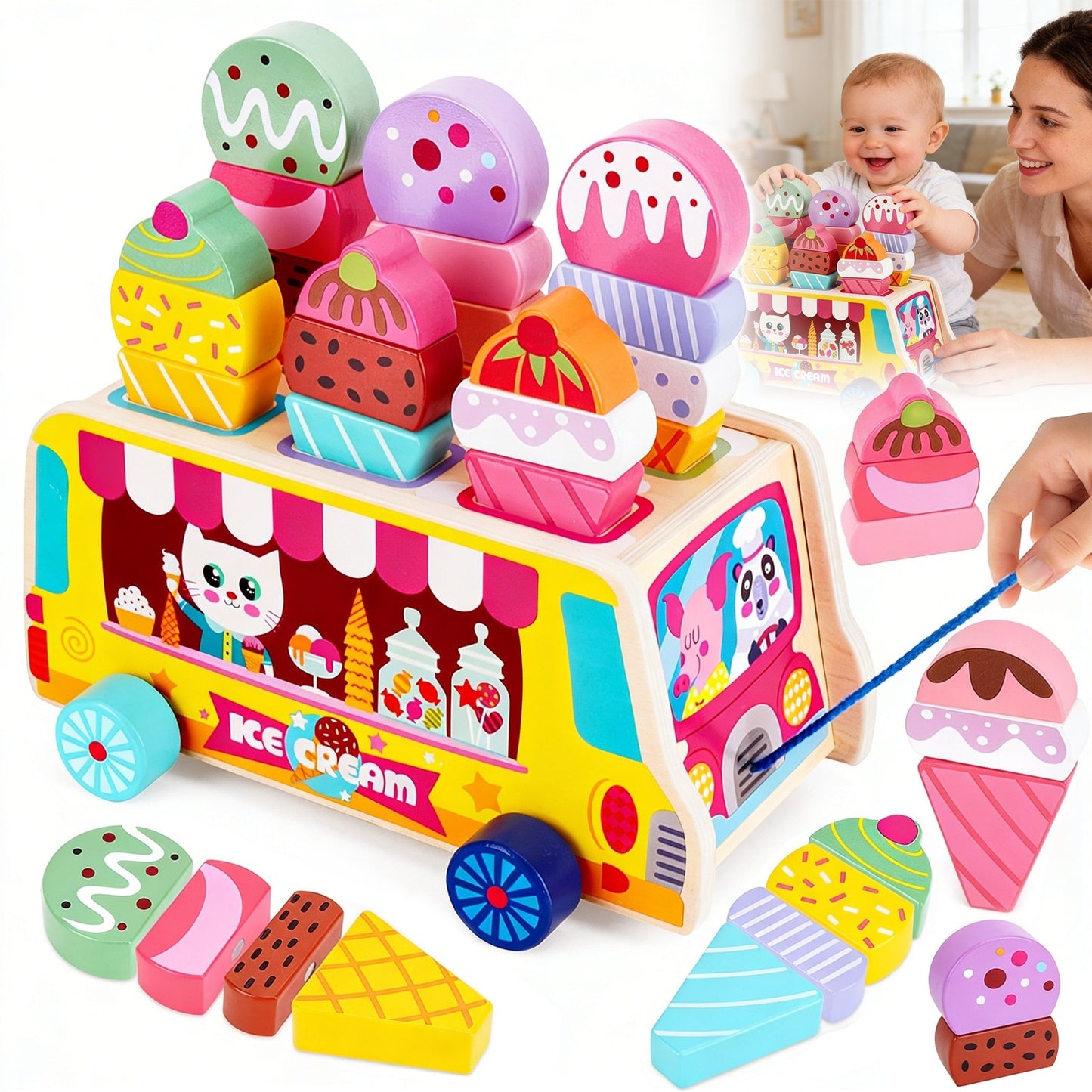 Jucarie Montessori Macvi® din Lemn Tabla Magnetica Inghetata Sortare Forme Copii 3 Ani+