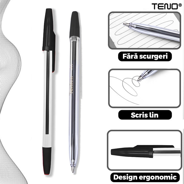 Set 50 de Pixuri Teno®, tip ballpoint, material rezistent, durabile, rezistente in timp, cap 0.7 mm, scriere neteda cu uscare rapida, cu capac, corp de plastic, negru