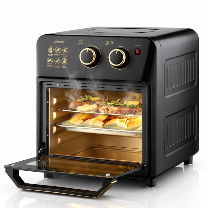 Friteuza cu Aer Cald Macvi®, Cuptor Electric cu Prajitor de Paine, Cuptor cu Convectie de 12L, Tehnologie de Circulatie a Aerului 360°