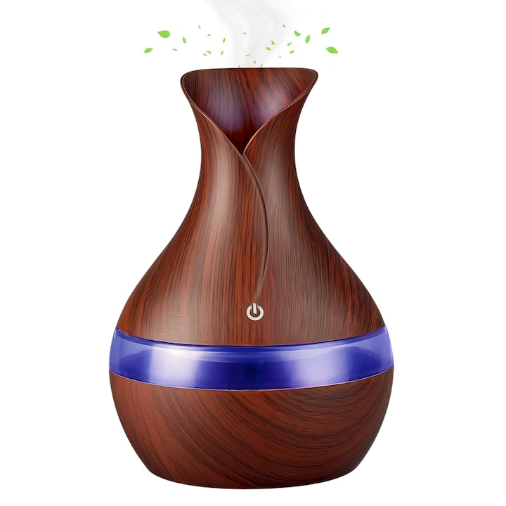 Difuzor Aromaterapie Macvi® cu Umidificator, ultrasunete, forma de vaza, buton touch, maro, LED 7 culori, 130 ml