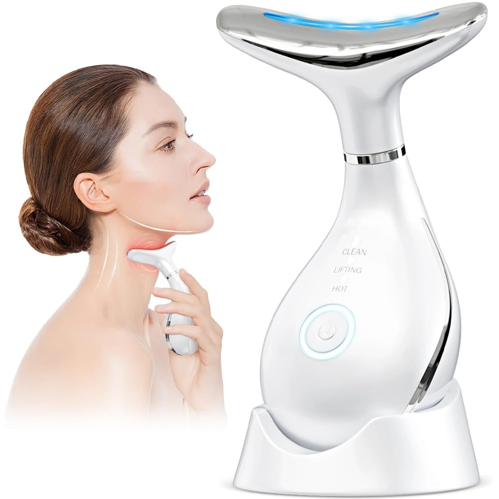 Dispozitiv Anti-Rid Teno®, aparat de masaj facial si pentru gat, suport inclus, cu incalzire pana la 42°C, 3 moduri de vibratie, fototerapie, lifting si reducerea ridurilor, alb