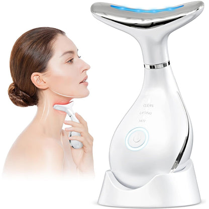 Dispozitiv Anti-Rid Teno®, aparat de masaj facial si pentru gat, suport inclus, cu incalzire pana la 42°C, 3 moduri de vibratie, fototerapie, lifting si reducerea ridurilor, alb