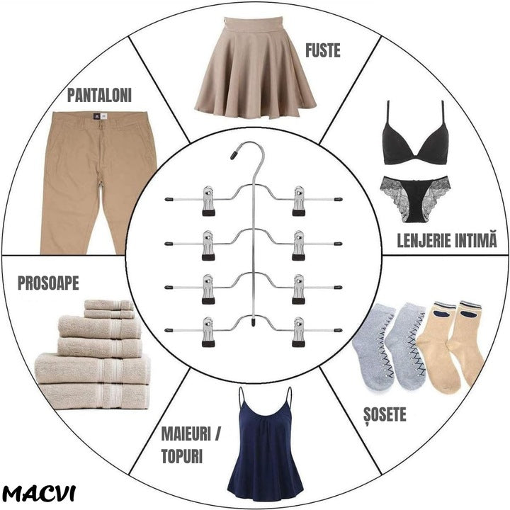 Umeras Macvi® pentru fuste si pantaloni, suport cu 4 niveluri, metal rezistent, economisire spatiu, 37.5x32.5 cm