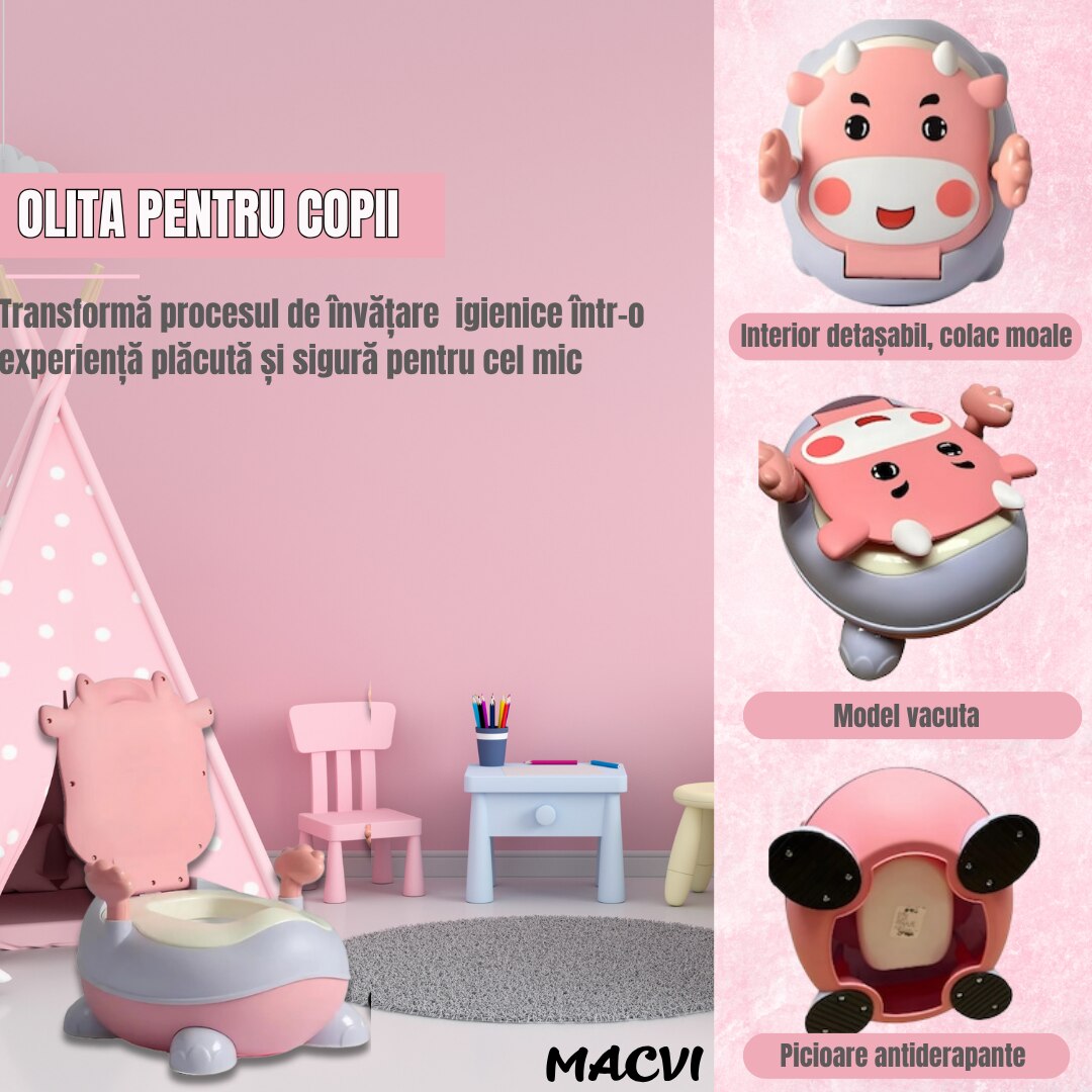 Olita pentru copii Macvi® cu manere, interior detasabil, colac moale, anti-stropire, spatar ergonomic, margini rotunjite, material non-toxic, roz