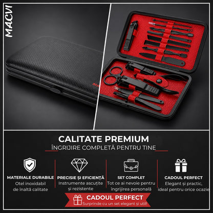 Set manichiura pedichiura Macvi® 15 piese din inox cu husa din piele ecologica si interior de velur sintetic rosu pentru ingrijirea completa a unghiilor