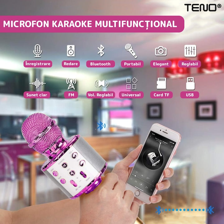 Microfon Karaoke Multifunctional pentru Copii, Teno®, boxa integrada, mod schimbare voce, stereo, slot card memorie/aux, lumini, roz