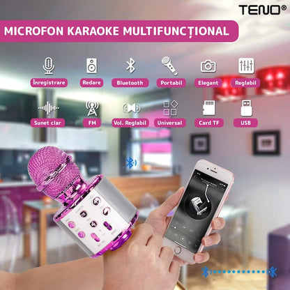 Microfon Karaoke Multifunctional pentru Copii, Teno®, boxa integrada, mod schimbare voce, stereo, slot card memorie/aux, lumini, roz
