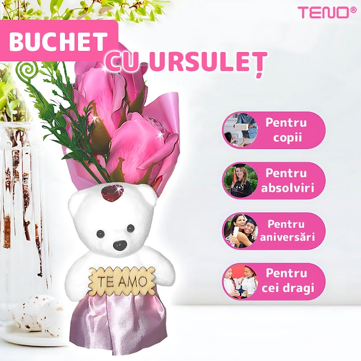 Mini Buchet de Trandafiri din Sapun Teno®, 3 fire, ursulet adorabil inclus, cutie de protectie transparenta, ideal pentru orice ocazie, design elegant, roz deschis