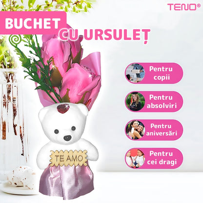 Mini Buchet de Trandafiri din Sapun Teno®, 3 fire, ursulet adorabil inclus, cutie de protectie transparenta, ideal pentru orice ocazie, design elegant, roz deschis