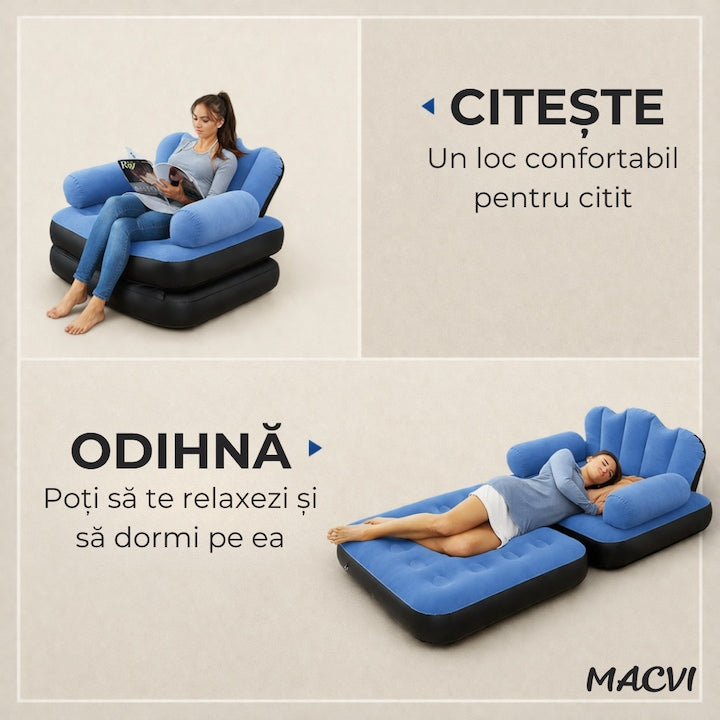 Fotoliu Gonflabil Macvi® XL 2 in 1 Portabil Pentru Interior, Exterior, Camping sau Plaja, Design Ergonomic, 100x88x90 cm, Albastru