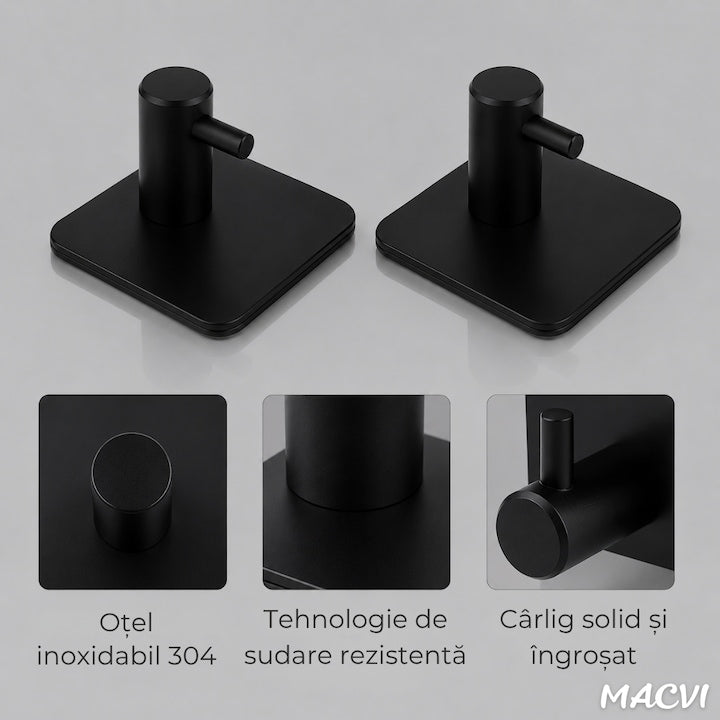 Set 4 cuiere de perete Macvi® din otel inoxidabil, montaj fara gaurire, negre, rezistente la umiditate, pentru baie si hol