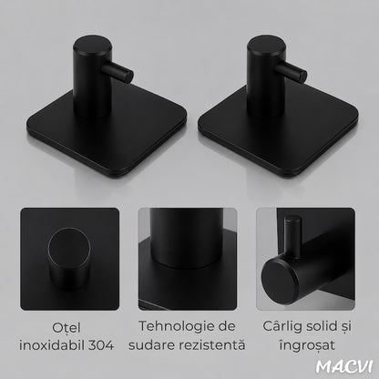 Set 4 cuiere de perete Macvi® din otel inoxidabil, montaj fara gaurire, negre, rezistente la umiditate, pentru baie si hol