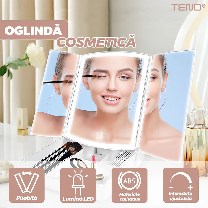 Oglinda Cosmetica Teno®, iluminare LED, pliabila, suport pentru machiaje, reincarcabila, usor de transportat, portabila, materiale calitative, alb