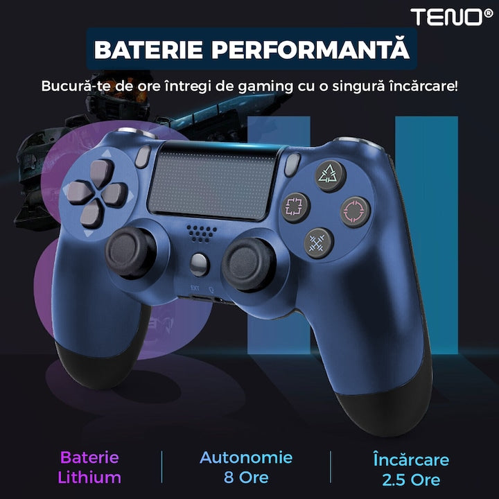 Controller Wireless DoubleShock Teno®, compatibil cu PS4, joystick-uri analog, vibratie dubla, baterie performanta, albastru