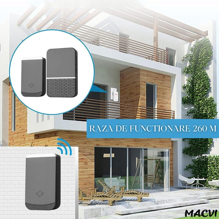 Sonerie fara fir Macvi®, wireless, 260 m raza, 4 niveluri volum, rezistenta apa IP44, fixare dubla, negru