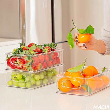 Set 12 organizatoare Macvi® pentru frigider, ABS durabil, fara BPA, stocabile, cu manere integrate, 26×15 cm, transparente