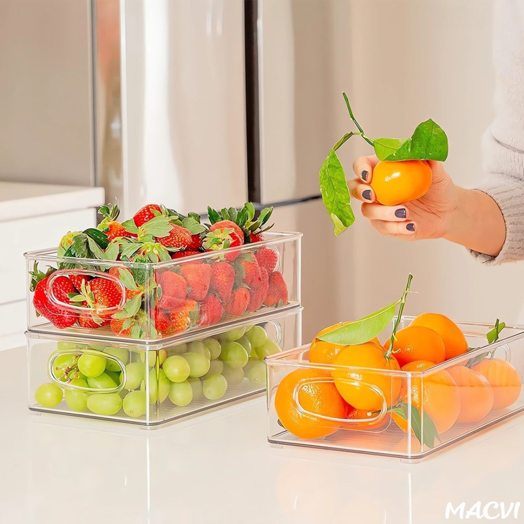 Set 4 organizatoare Macvi® pentru frigider, ABS durabil, fara BPA, stocabile, cu manere integrate, 26×15 cm, transparente