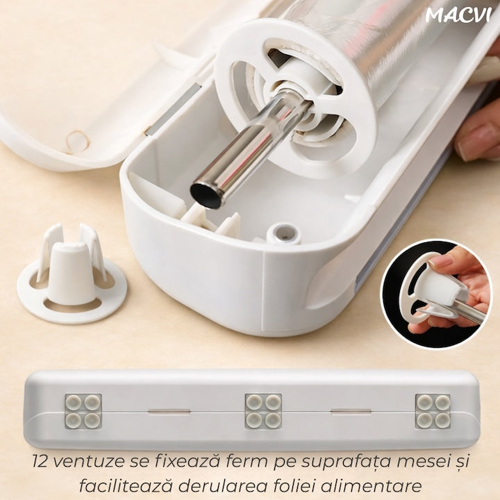 Dispenser folie alimentara, Macvi, 37cm, 12 ventuze antialunecare, alb