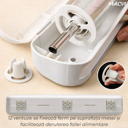 Dispenser folie alimentara, Macvi, 37cm, 12 ventuze antialunecare, alb