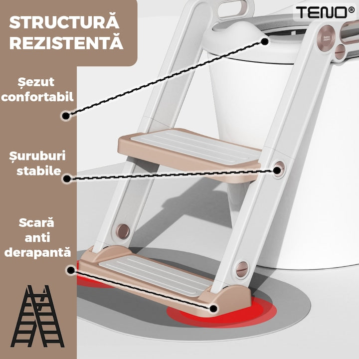 Reductor WC cu Scara Teno®, antiderapant, pentru copii cu varsta pana la 7 ani, protectie impotriva stropilor, 2 trepte, reglabil pe inaltime, manere de sustinere, alb/rose gold
