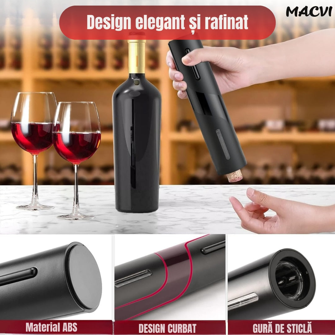 Set Electric Macvi® Deschizator de Vin 5-in-1, Cu baterii, Foil Cutter, Aerator, Dop Vacuum, Negru, Design Elegant si Portabil