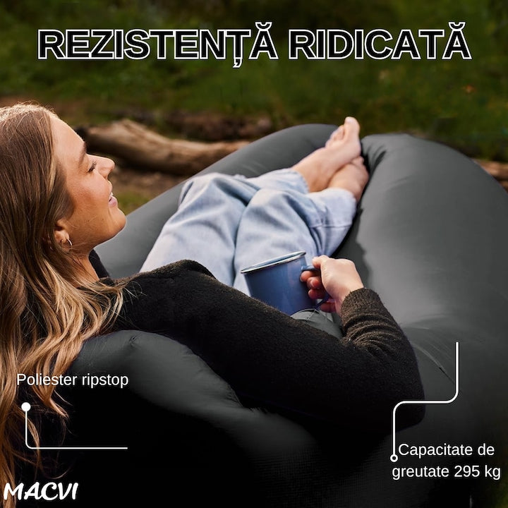 Saltea gonflabila tip sezlong Lazybag Macvi®, material rezistent, umflare fara pompa, pentru plaja/picnic/camping, rucsac de depozitare, 190 x 70 cm,Negru