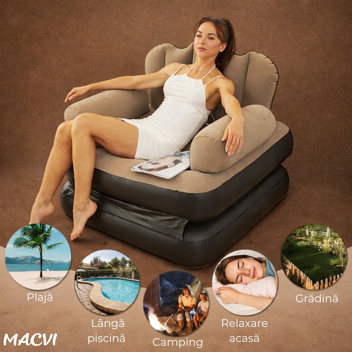 Fotoliu Gonflabil Macvi® XL 2 in 1 Portabil Pentru Interior, Exterior, Camping sau Plaja, Design Ergonomic, 100x88x90 cm, Maro