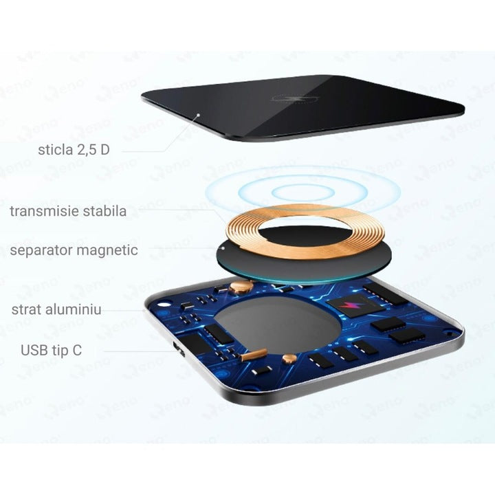 Incarcator wireless, Macvi, 15W, aluminiu, sticla 2.5D, negru, 10cm