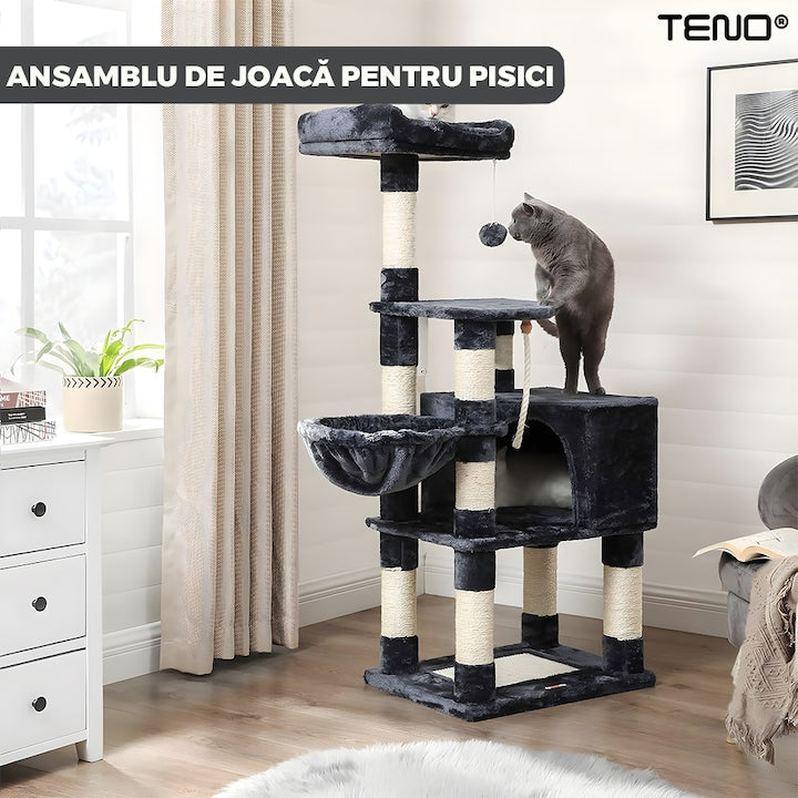 Ansamblu de Joaca pentru Pisici Teno®, tip turn, 2 platforme de observatie, 4 niveluri, 1 casuta, hamac, franghie si mingiuta de joaca, stalpi pentru zgariat, captuseala extra moale, structura stabila, 136 cm, gri inchis