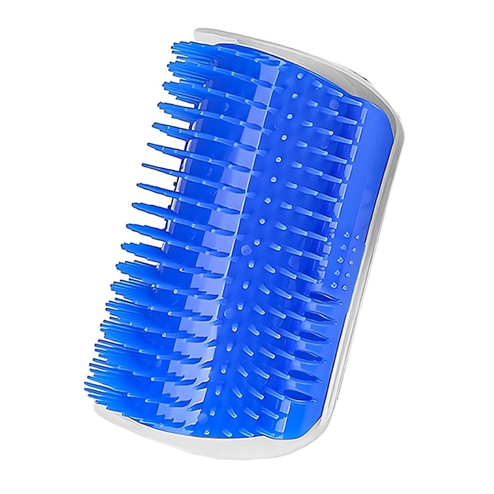 Perie de Colt pentru Pisici Teno®, materiale sigure, montare usoara, self-grooming, recipient pentru iarba pisicii, design curbat, 13 x 8.5 cm, albastru