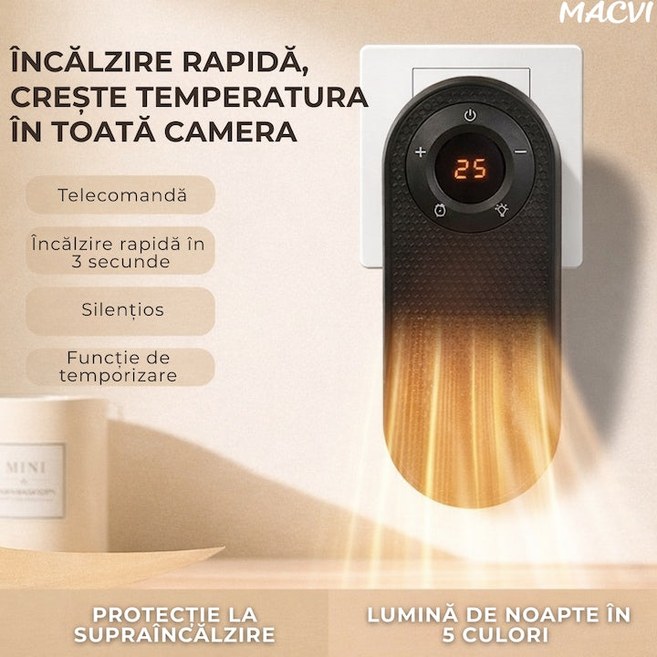 Incalzitor electric MACVI Compact 500W, rotire 180°, afisaj LED, telecomanda, protectie supraincalzire, pentru spatii mici