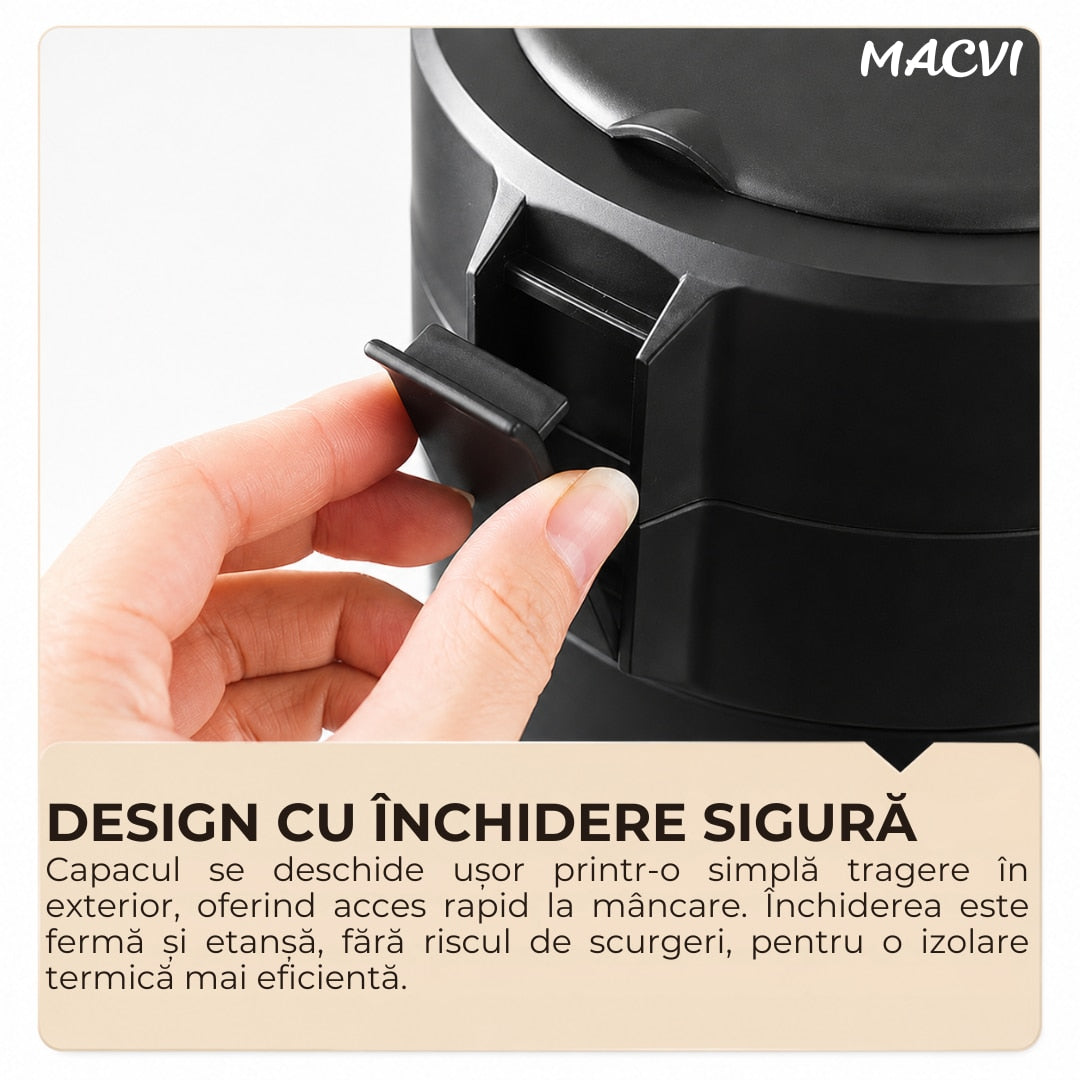 Caserola termica Macvi® 2.9L, Inox 304 alimentar, 4 compartimente separate, etansa, izolatie termica, mentine alimentele calde si reci 4-12 ore, fara BPA, pentru birou, scoala, picnic, camping, Negru
