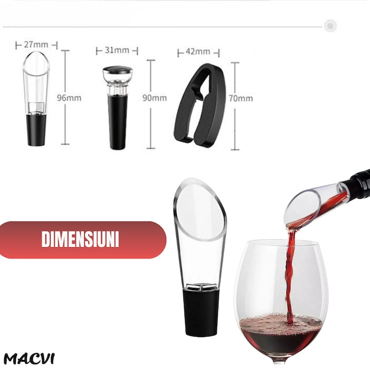 Set Deschizator de Sticle de Vin Macvi® 4 in 1, Tirbuson Profesional cu Taietor de Folie, Dop Vacuum si Picurator