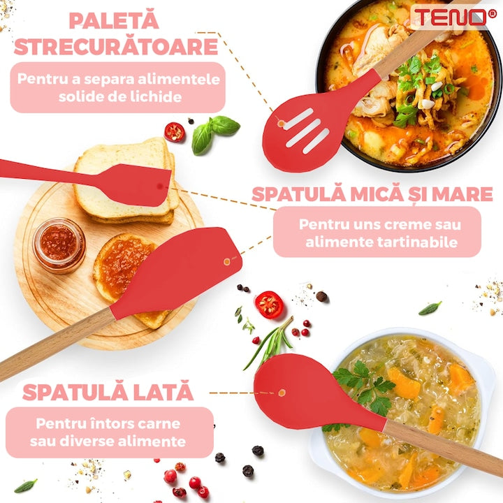 Set Ustensile Bucatarie 12 Piese Silicon Alimentar Teno®, termorezistente, antiaderente, sigure, suport inclus, rosu