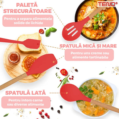 Set Ustensile Bucatarie 12 Piese Silicon Alimentar Teno®, termorezistente, antiaderente, sigure, suport inclus, rosu