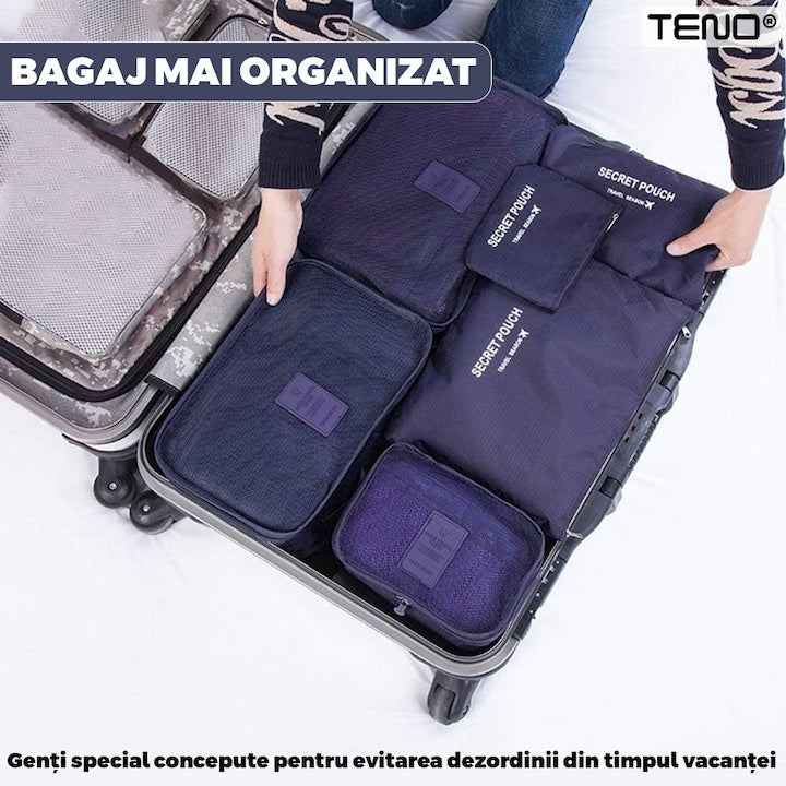 Set 6 Organizatoare Teno®, pentru calatorie, diferite marimi, bagaj de voiaj, valiza, troler, genti, haine, accesorii, inchidere cu fermoar dublu, plasa, albastru inchis