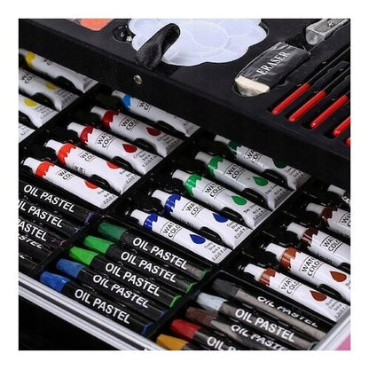 Set pentru pictura si desen MACVI, 145 piese, cutie metalica albastra, pentru copii, 38x26x4cm