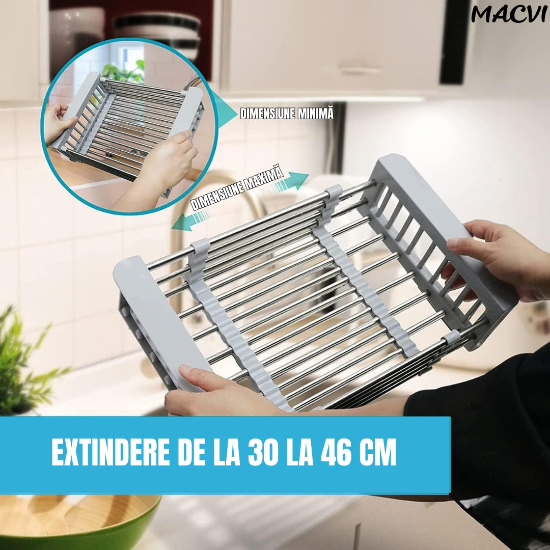 Cos de scurgere pentru chiuveta mica Macvi®, inox si plastic alimentar, 46x16 cm, extensibil, pentru legume, fructe si vase