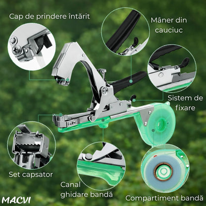 Aparat pentru legarea plantelor Macvi® cu 200 capse si rola de legat, Ideal pentru vie, pomi, legume si flori