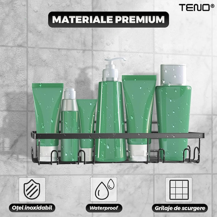 Set 2 Rafturi pentru Dus Teno®, depozitare si organizare, baie/bucatarie, otel inoxidabil, montare adeziva, rezistenta ridicata, cuiere incorporate, suporturi inalte, negru