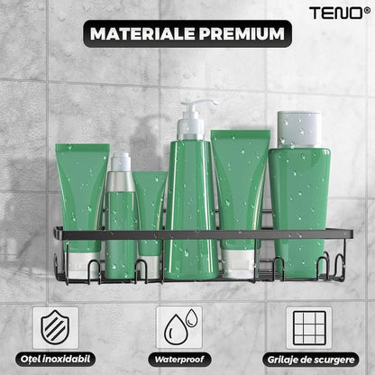 Set 2 Rafturi pentru Dus Teno®, depozitare si organizare, baie/bucatarie, otel inoxidabil, montare adeziva, rezistenta ridicata, cuiere incorporate, suporturi inalte, negru