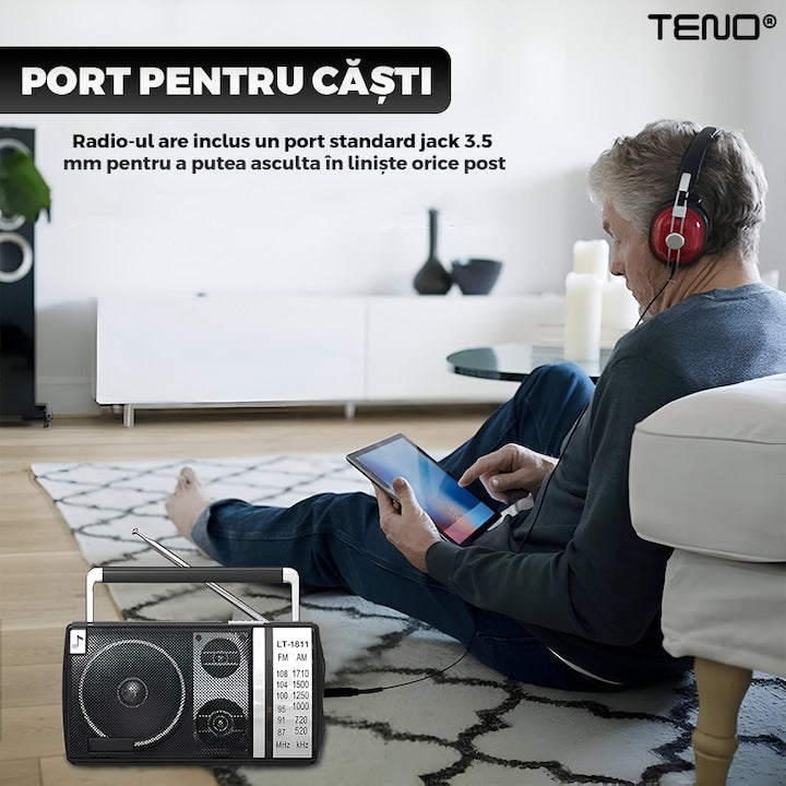 Radio Portabil Teno®, FM/AM, mod dual de alimentare, baterii/la priza, receptie ridicata ce prinde posturi regionale/la sate, port jack 3.5 mm, negru