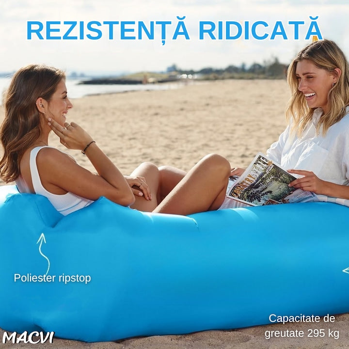 Saltea gonflabila tip sezlong Lazybag Macvi®, material rezistent, umflare fara pompa, pentru plaja/picnic/camping, rucsac de depozitare, 190 x 70 cm, Albastra