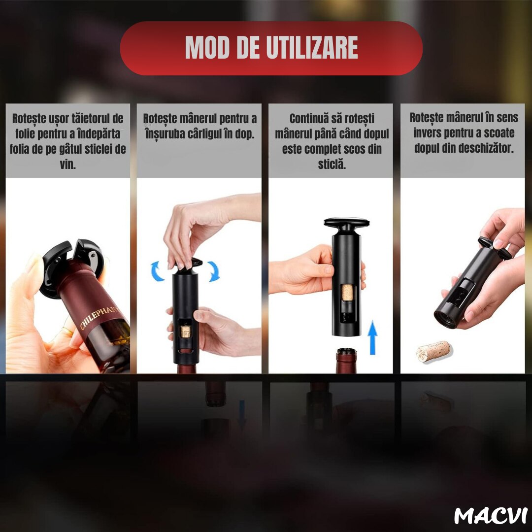 Set deschizator Macvi® 2-in-1 pentru vin, tirbuson profesional cu taietor folie, dop vacuum si aerator, design ergonomic, argintiu