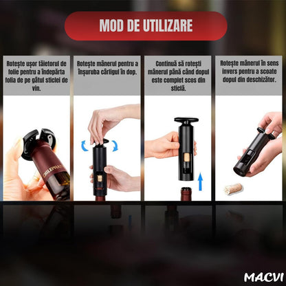 Set deschizator Macvi® 2-in-1 pentru vin, tirbuson profesional cu taietor folie, dop vacuum si aerator, design ergonomic, argintiu