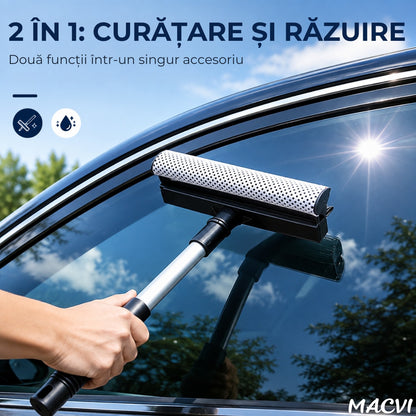 Perie pentru Spalat Geamuri cu Manere Extensibile Macvi® Telescopice din Aluminiu, 120 cm, 2 in 1, Stergator pentru Geamuri